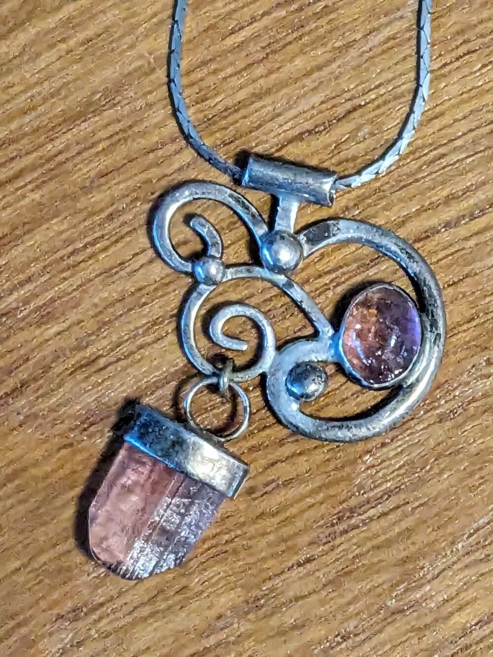Vintage Artisan Silver Necklace OOAK Pendant Rough Cut Pink Crystal Statement
